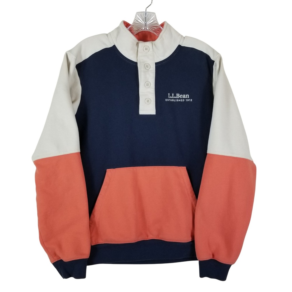LL Bean Sweatshirt Men Sz M Navy Cream Orange Colorblock Button Mock Neck 516984